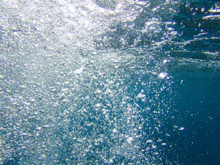 Bubbles under the sea in the crystal clear green sea water. Mediterranean sea bubbles, Air bubbles...