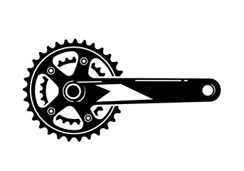 Illustration of a black bicycle crankset with chainring and crank arm on a white background