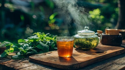 Lush tea garden landscape with tea tasting setup, steaming cup and iced tea on wooden board, natural light, vibrant green textures.