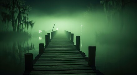 Fototapeta premium Eerie halloween night scene with foggy swamp and spooky pier for holiday design