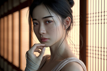 Close-up portrait of slim Korean model with artistic embroidery thread on face and fingers, expressing calm intensity, beauty, and a high-fashion concept
