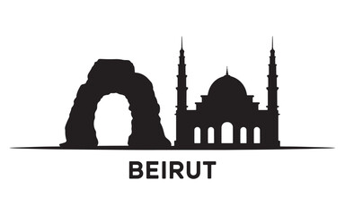 Obraz premium Beirut Skyline Silhouette Depicting the Raouche Rocks and the Mohammad Al-Amin Mosque with the City Name Below