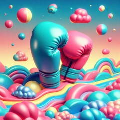 Colorful boxing gloves pop against a vibrant, surreal landscape, embodying creativity and fun. Perfect for sports, lifestyle, or motivational themes.