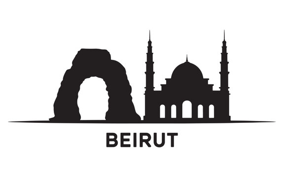 Beirut Skyline Silhouette Depicting the Raouche Rocks and the Mohammad Al-Amin Mosque with the City Name Below
