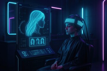 A futuristic scene featuring a woman in a high-tech environment with a neural interface, showcasing advancements in technology and mental health innovation.