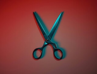 Illuminated scissors with strong lighting and shadow, on a red background