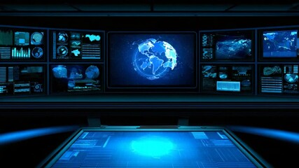 Futuristic control room interface with global data visualization and technology displays - Powered by Adobe