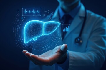 A healthcare professional displays a holographic liver model, symbolizing advanced medical technology and innovations in liver health and treatment.