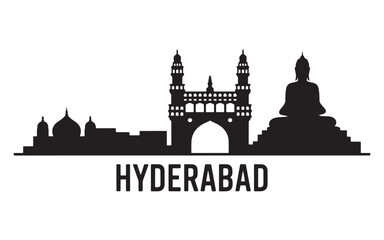 Obraz premium Hyderabad Cityscape Silhouette Vector Illustration Featuring Historical Landmarks, Charminar Monument, Mosques, Buddha Statue and Lettering, a Captivating Black and White Visual