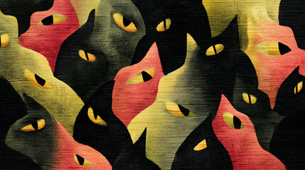 Stylized black cats with glowing eyes in Halloween colors