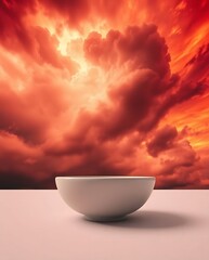 Minimalist bowl on pink surface against dramatic crimson cloudscape