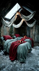 Fototapeta premium Cozy Winter Cabin Bedroom Rustic Chic Decor with Linen Bedding