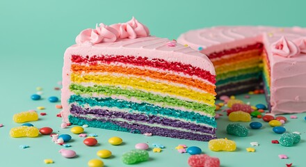 Rainbow Layer Cake Slice with Candy Sprinkles