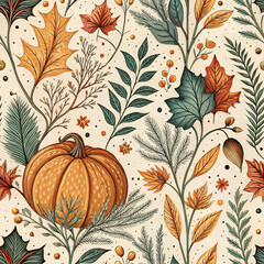 Festive autumn halloween pattern with pumpkin and leaves for seasonal designs