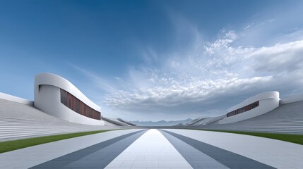 A Stunning White Stadium Building Against a Beautiful Blue Sky Featuring Symmetrical Patterns and Repeating Designs