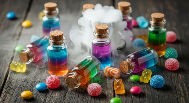 Spooky halloween potion bottles with candy and smoke for festive decoration