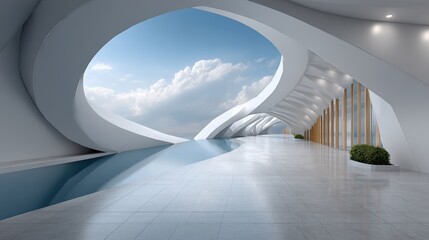 Fototapeta premium Exploring the Tranquil Beauty of a White and Blue Sky Over a Spiraling Helix Stadium Design