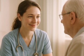 Compassionate healthcare worker engaging with an elderly patient, showcasing trust and professionalism in a medical environment.