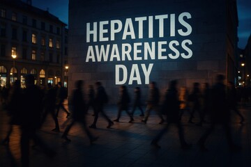 A lively urban scene showcasing a Hepatitis Awareness Day message projected on a building, with people walking by, emphasizing public health awareness.