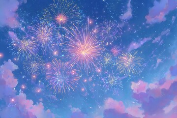 Obraz premium Vibrant fireworks explode in a twilight sky filled with soft pastel clouds and sparkling stars