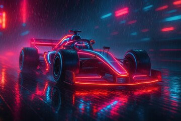A futuristic, neon-lit Formula 1 race car racing through a rain-soaked track, creating a vibrant atmosphere perfect for automotive and technology themes.