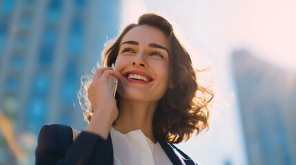A confident business oriented woman uses her mobile phone to communicate network and coordinate real estate activities in an urban contemporary environment