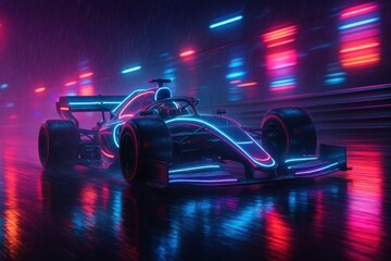A dynamic view of a neon-lit Formula 1 car racing on a vibrant wet track, capturing the energy and excitement of motorsports in a futuristic setting.