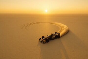 A stunning aerial view of a race car drifting in sand at sunset, showcasing the thrill of motorsport in a unique desert landscape.