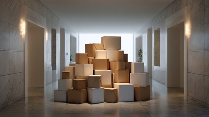 Fototapeta premium Organized pile of unopened parcels in modern hallway. 