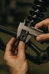 Close-up of hands using a caliper to measure a mechanical part, illustrating precision in engineering and manufacturing.