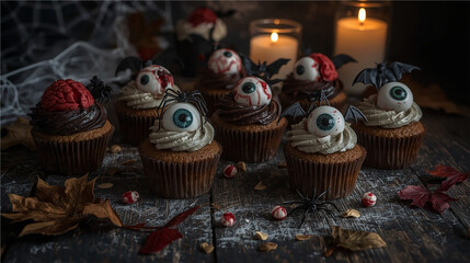Chocolate and vanilla Halloween cupcakes topped with candy eyeballs, brains, bats, and spiders. Styled with dark background, autumn leaves, and moody lighting.
