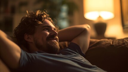 A portrait of a man comfortably relaxing on the couch in a calm and peaceful living room setting smiling and enjoying a weekend break at home