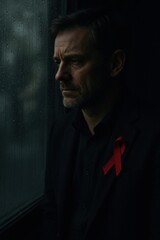 A contemplative man with a red ribbon stands by a window, evoking themes of awareness and reflection. Ideal for campaigns on health and social issues.