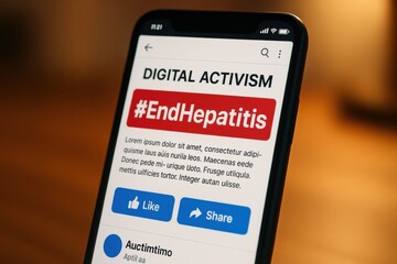 A smartphone displays a digital activism post focusing on hepatitis awareness. Ideal for health awareness campaigns and social media engagement.