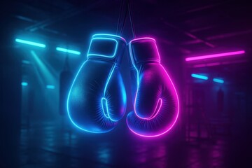 Neon boxing gloves hang in a dark gym, creating a vibrant and energetic atmosphere perfect for fitness, sports branding, or promotional events.