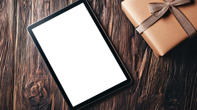 An online shopping concept for finding a gift for an anniversary, birthday, or wedding. September 5 is the International Charity Day. Tablet mockup. The tablet is lying on a table with a gift box