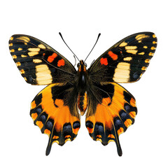 Close-up of a colorful butterfly with orange, black, and white wings