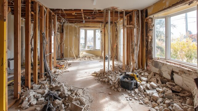 Residential House Interior Under Renovation – Exposed Wall Studs and Construction Debris on Floor