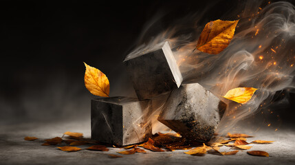 Dynamic Autumn Composition with Concrete Cubes, Golden Leaves, and Ethereal Smoke Effects