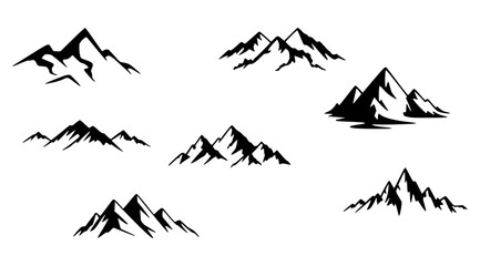 Collection of monochrome mountain peaks silhouettes for outdoor and adventure themes