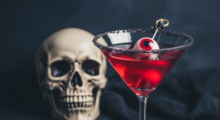 Spooky halloween cocktail with skull and eyeball garnish for party decor or invitation design