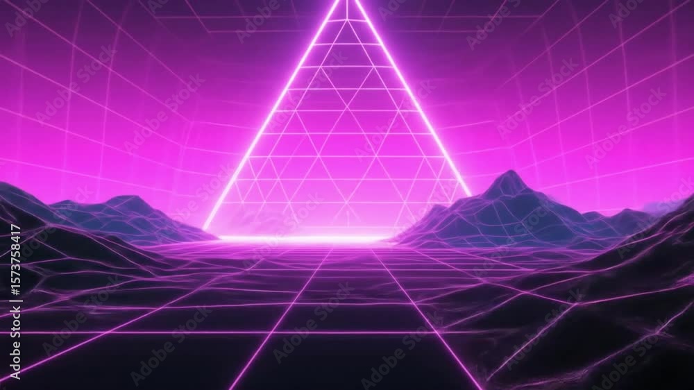 Poster geometric background with a glowing pink triangle above wireframe mountains, suitable for synthwave 