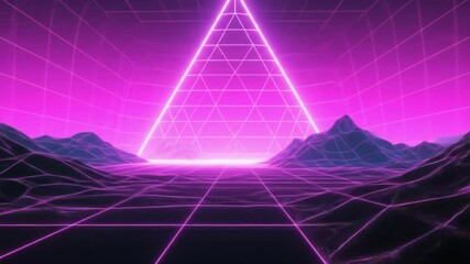 Geometric background with a glowing pink triangle above wireframe mountains, suitable for synthwave animations, retro digital content, or futuristic visual loop projects. - Powered by Adobe