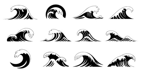 Collection of various black and white wave illustrations on a white background