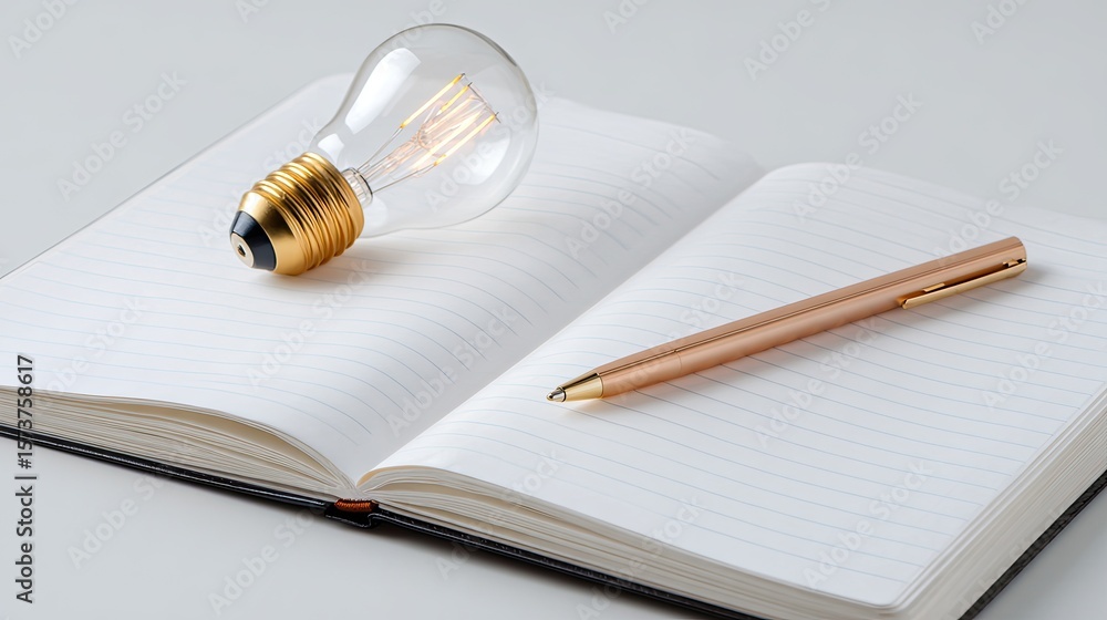 Poster light bulb and notebook with pen on a minimalist background