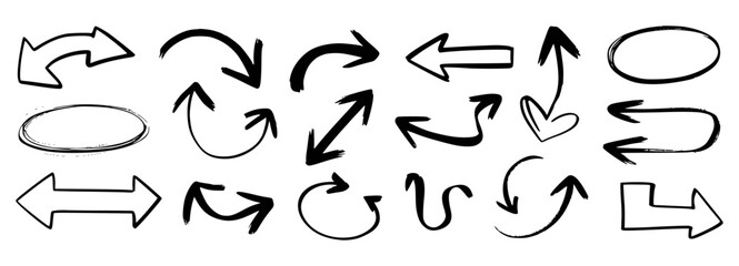 Hand drawn black arrows and shapes on white background isolated collection