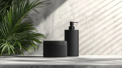 Obraz premium Elegant Black Bathroom Accessories with Tropical Plant