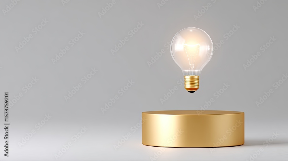 Poster floating light bulb above golden base with soft grey background