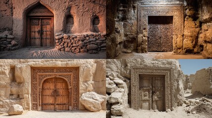 Carved doors and entryways in ancient ruins, various perspectives