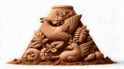 Intricate cocoa powder sculpture depicting a bird, other animals, and foliage, shaped like a triangular pyramid
